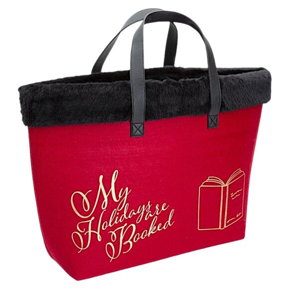 Barnes & Noble Exclusive Red "My Holidays Are Booked" Faux Fur Trim Tote Bag - Picture 2 of 7